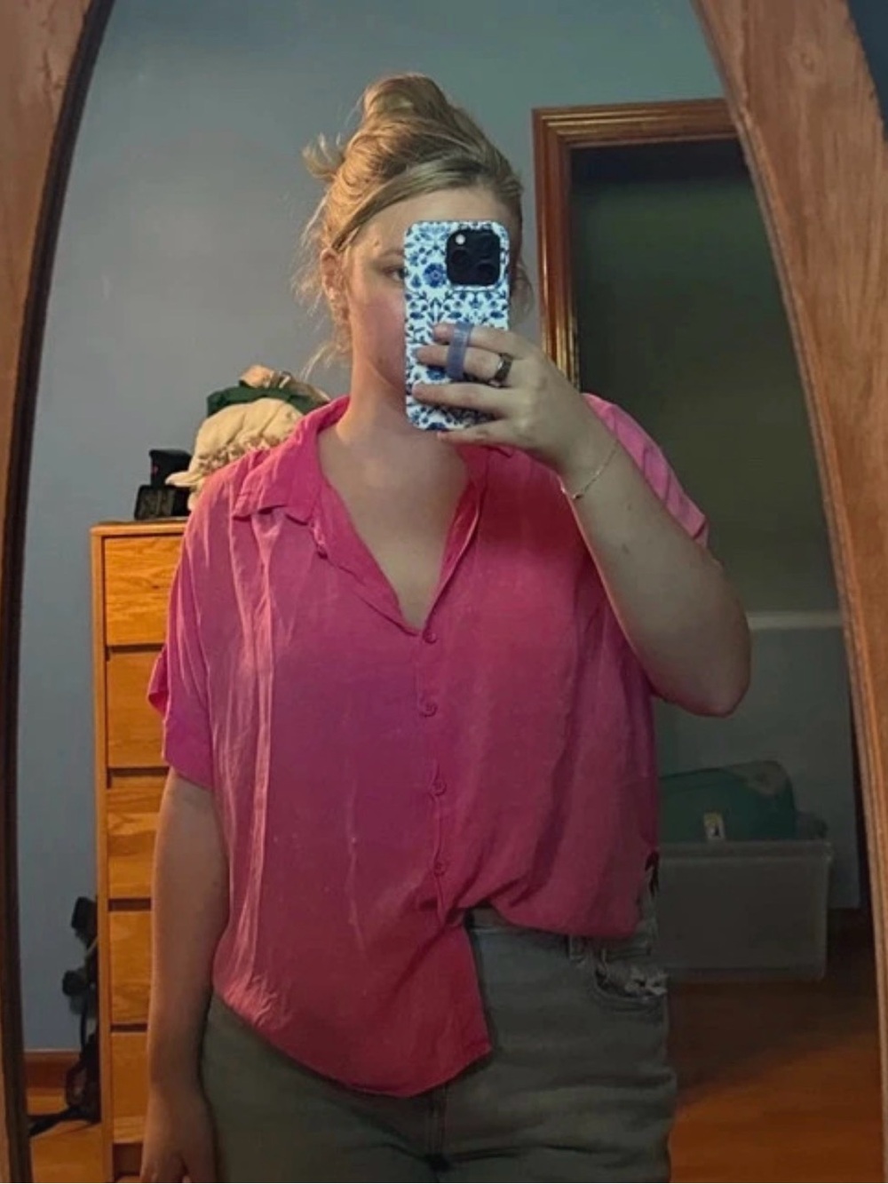 Women's Pink Button-Up Short Sleeve Top